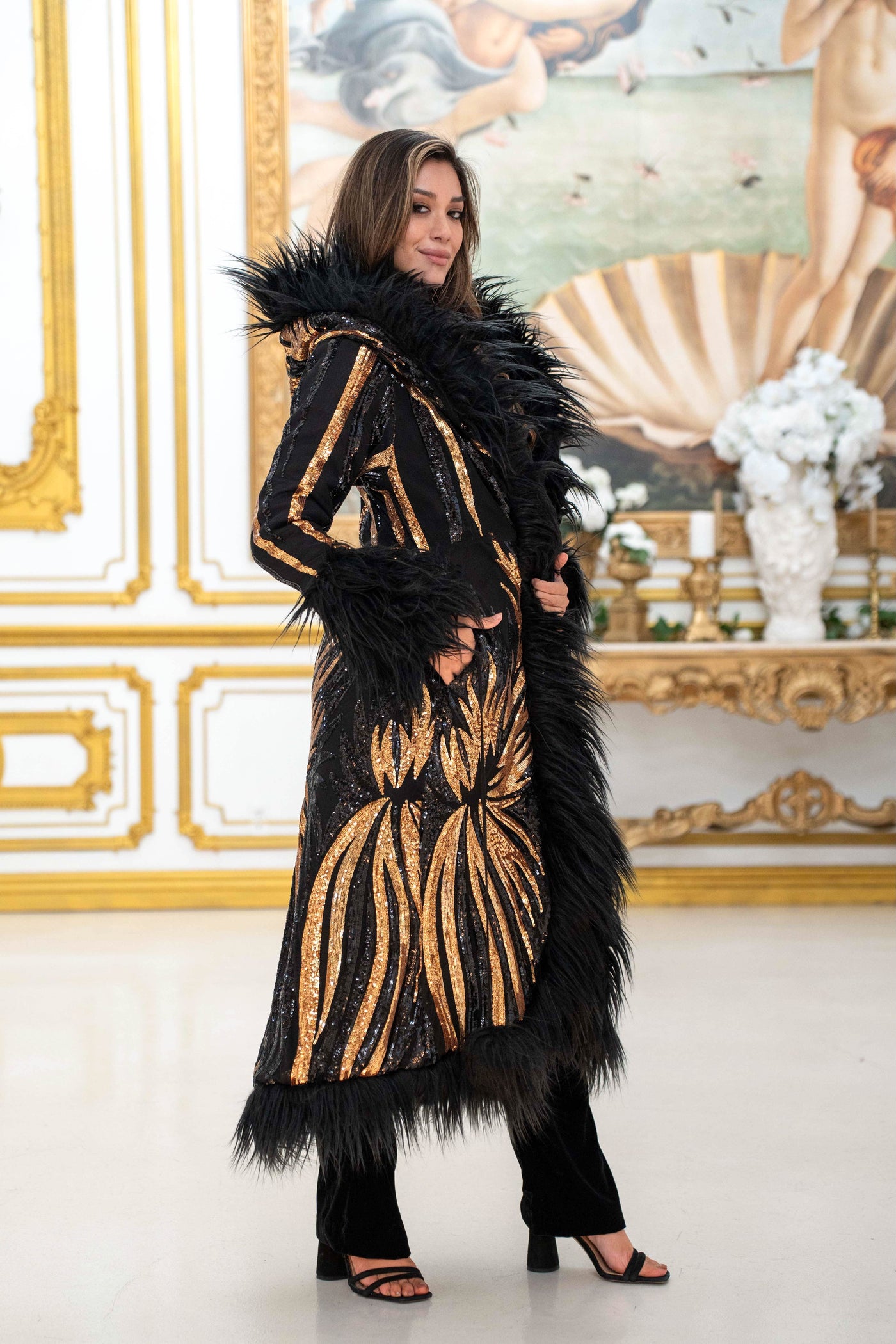 Women's Sequin Temptress Coat in "Black & Gold" STOCK