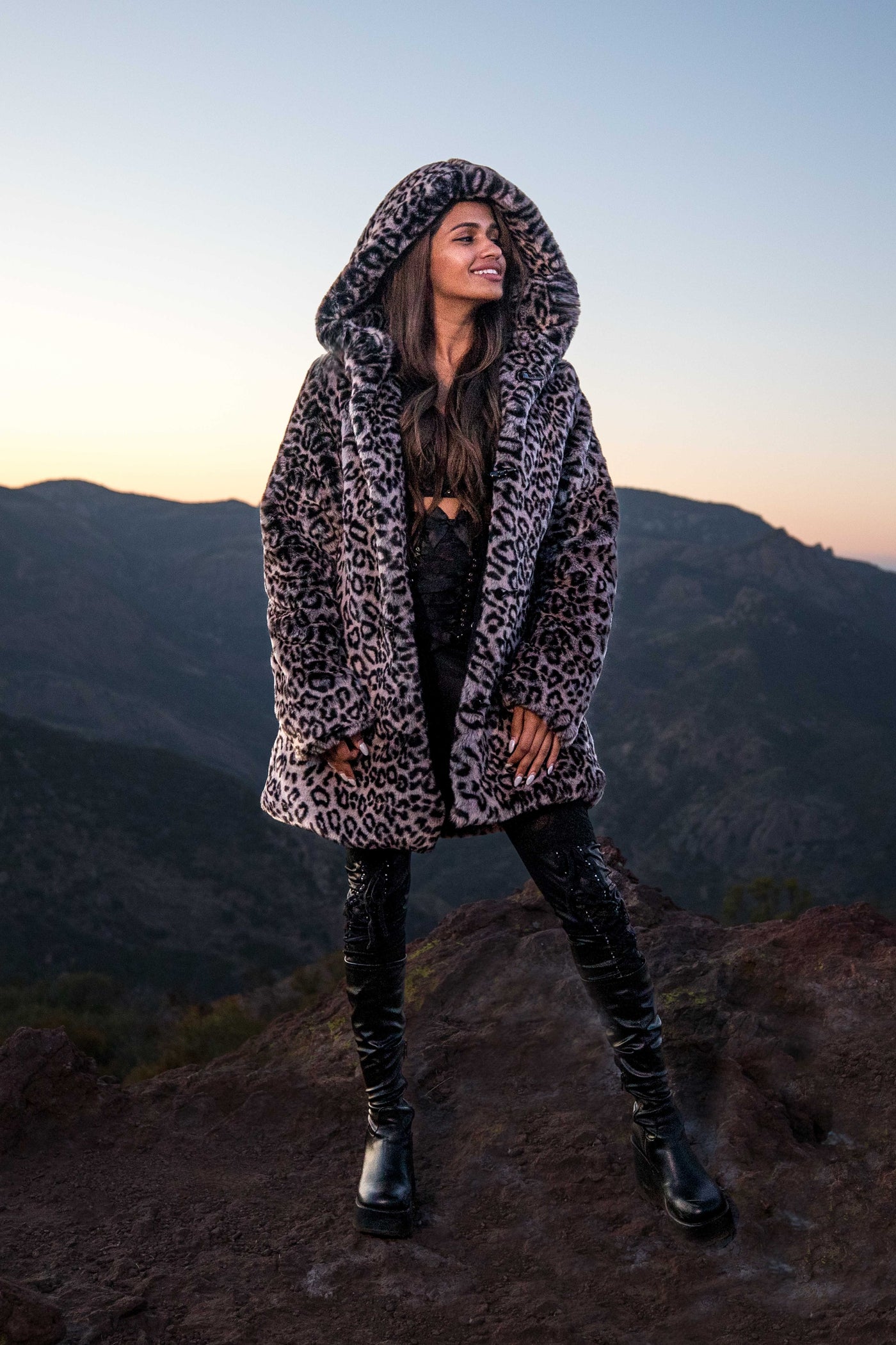 Women's Short Desert Warrior Coat in "Luxe Leopard" Chinchilla