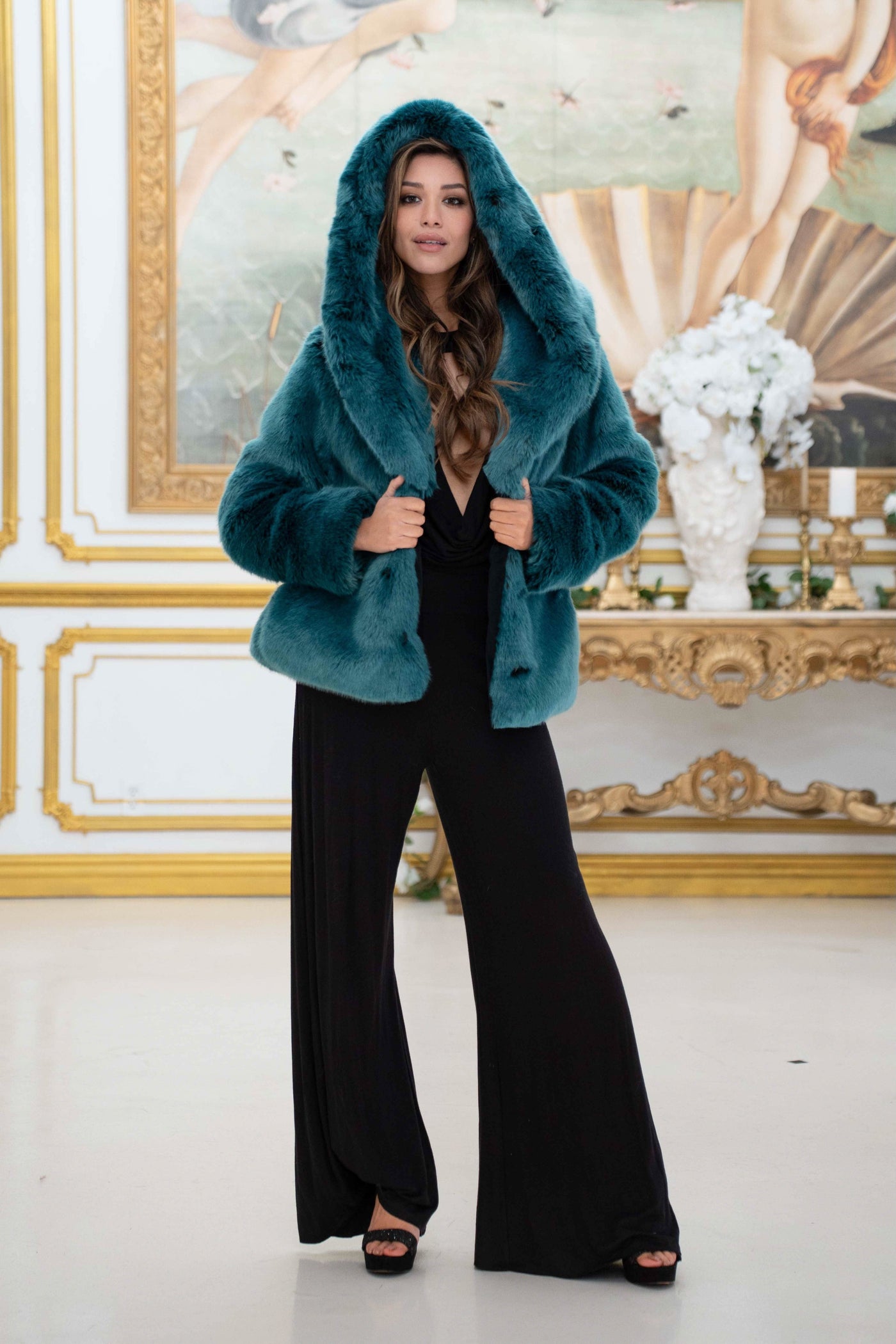 Women's Crop Desert Warrior Coat in "Teal" Chinchilla  STOCK