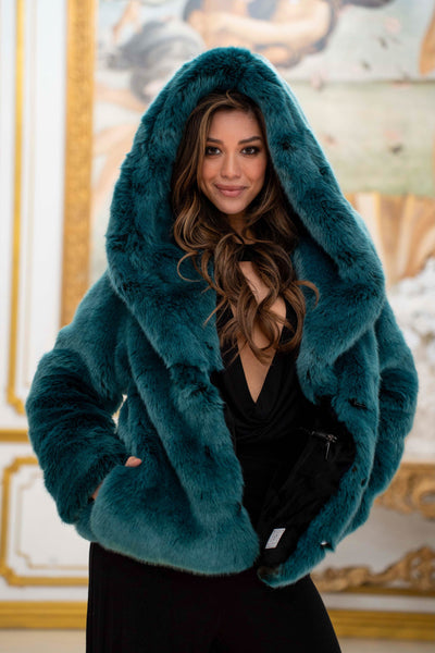 Women's Crop Desert Warrior Coat in "Teal" Chinchilla  STOCK