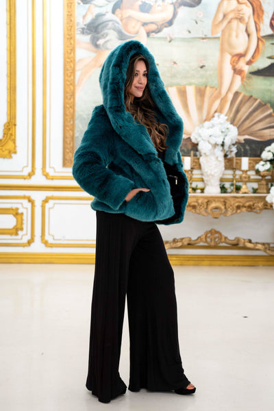 Women's Crop Desert Warrior Coat in "Teal" Chinchilla  STOCK