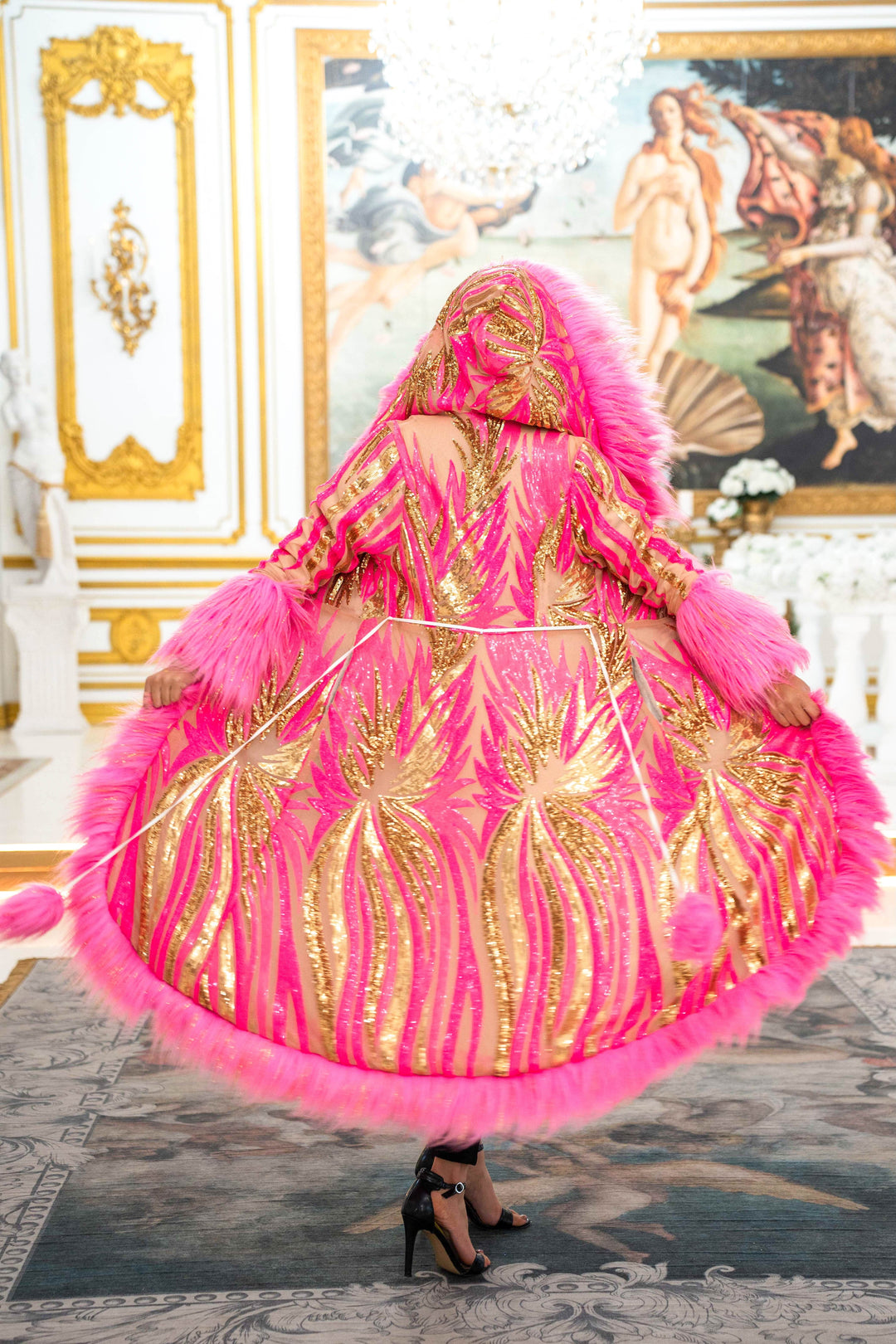 Women's Sequin Faux Fur Temptress Coat in Carnival Pink & Gold for Burning Man
