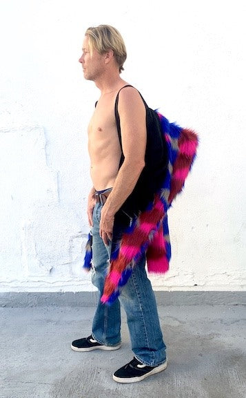 Burning-man-men's-faux fur-blue-gray-fuschia-coat with-collar-2