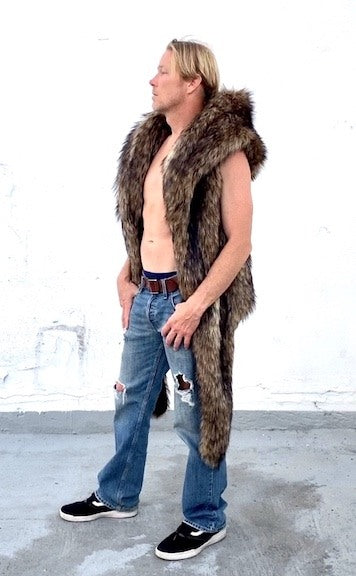 Burning-man-men's-faux fur-desert-coyote-hooded-vest-