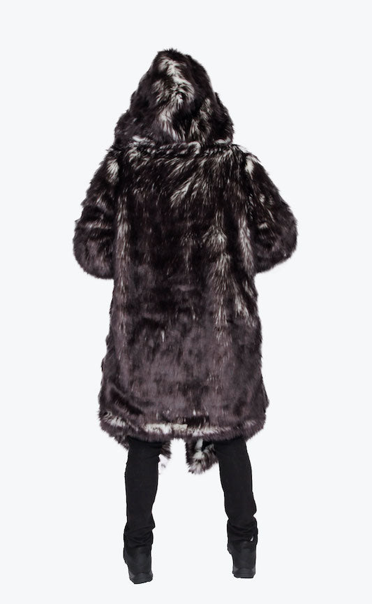 Black Panther Faux Fur Coat With Hood Black Men's LED Desert
