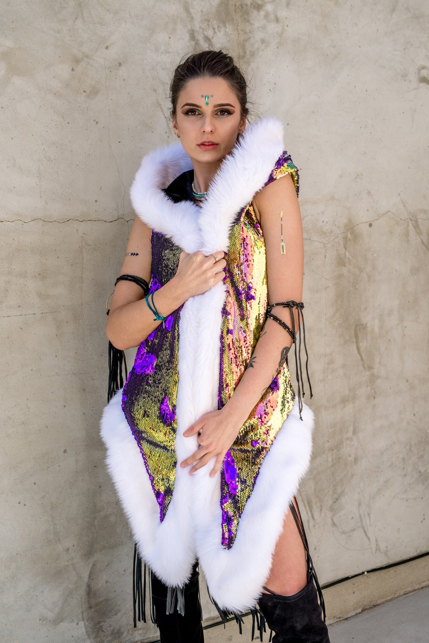 Burning-man-women's-faux -fur-sequin-vest-purple-gold-17