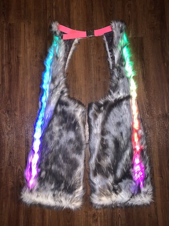 LED- men's-faux-fur-light up-chaps-gray-white-111