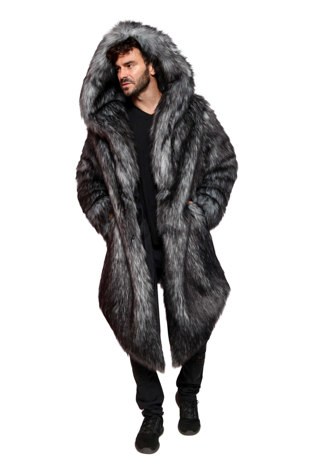 Arctic Fox Fur Fuzzy Jacket For Men Gray Wolf Hooded Faux Fur