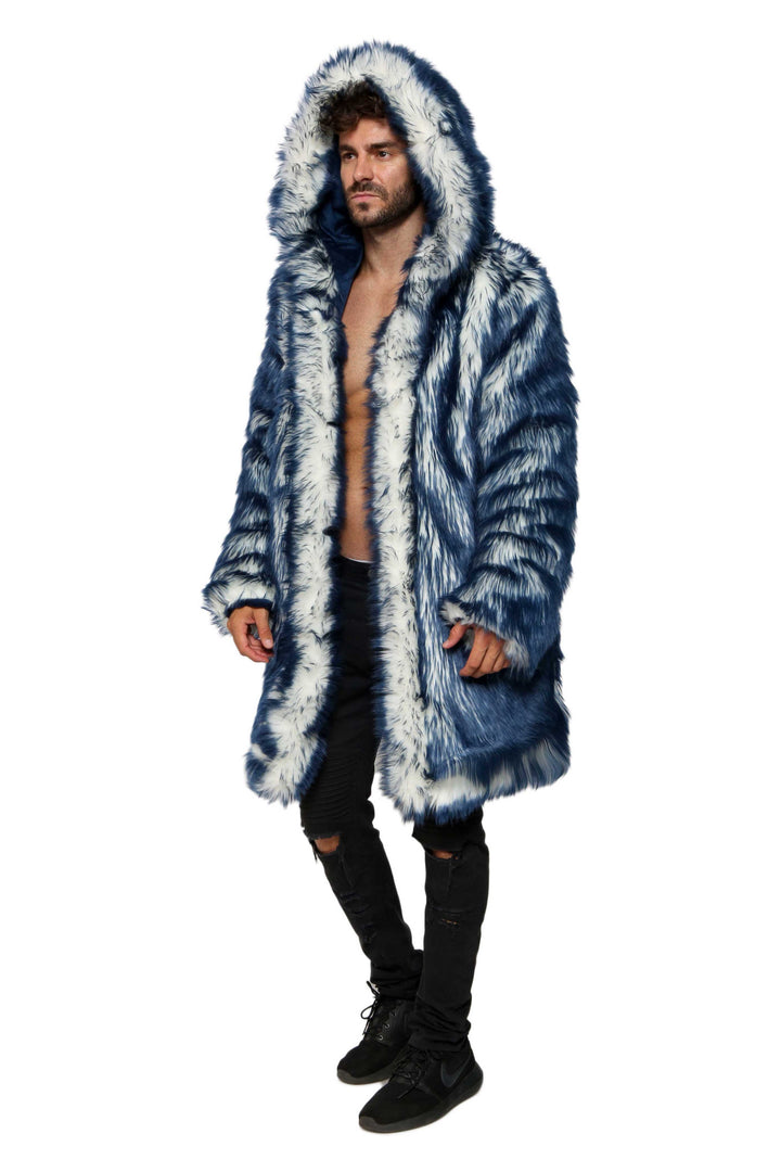 mens navy and white fake fur jacket burning man outfits