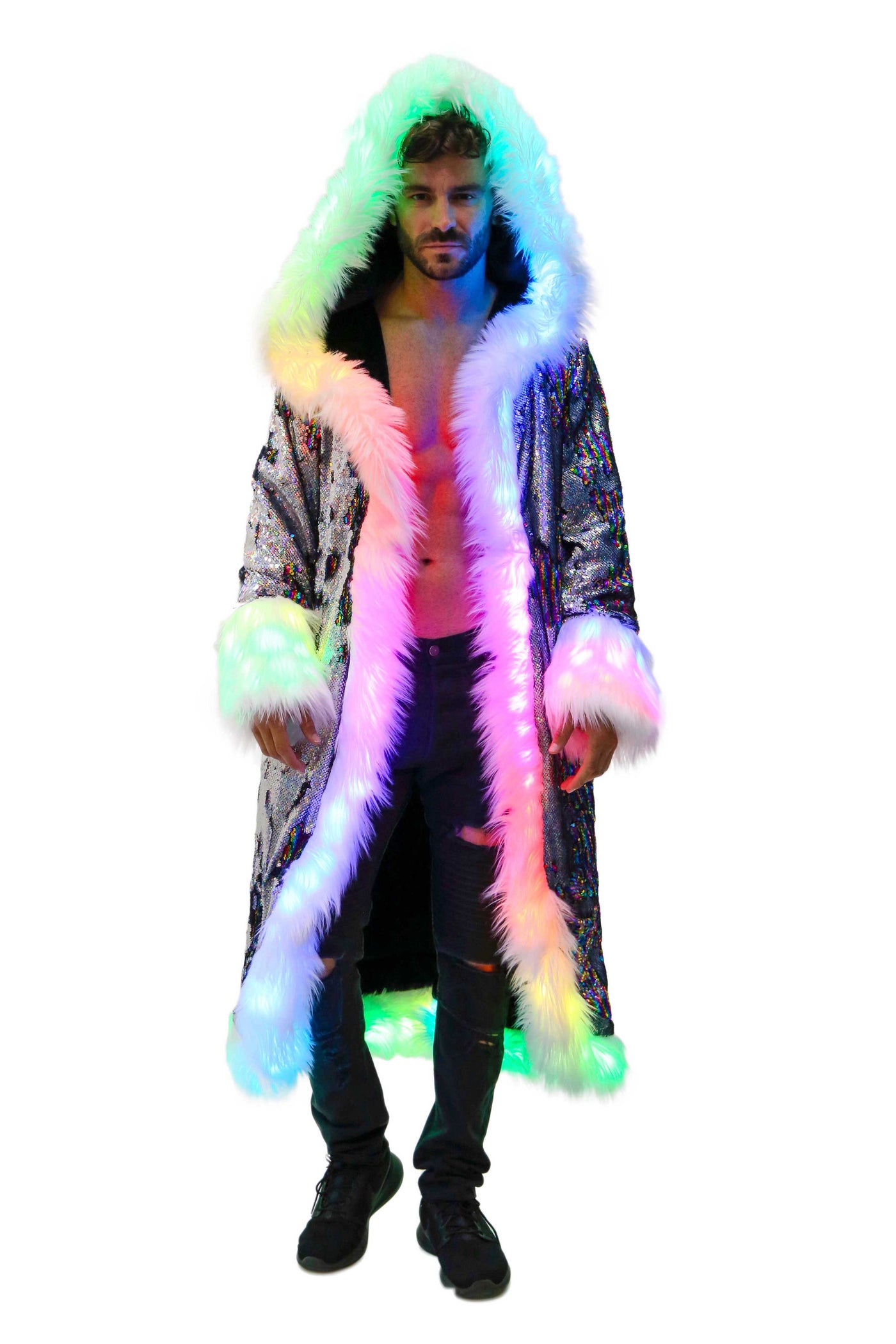 Men's LED Sequin King Coat in "Silver Hologram- Rainbow Stripe"