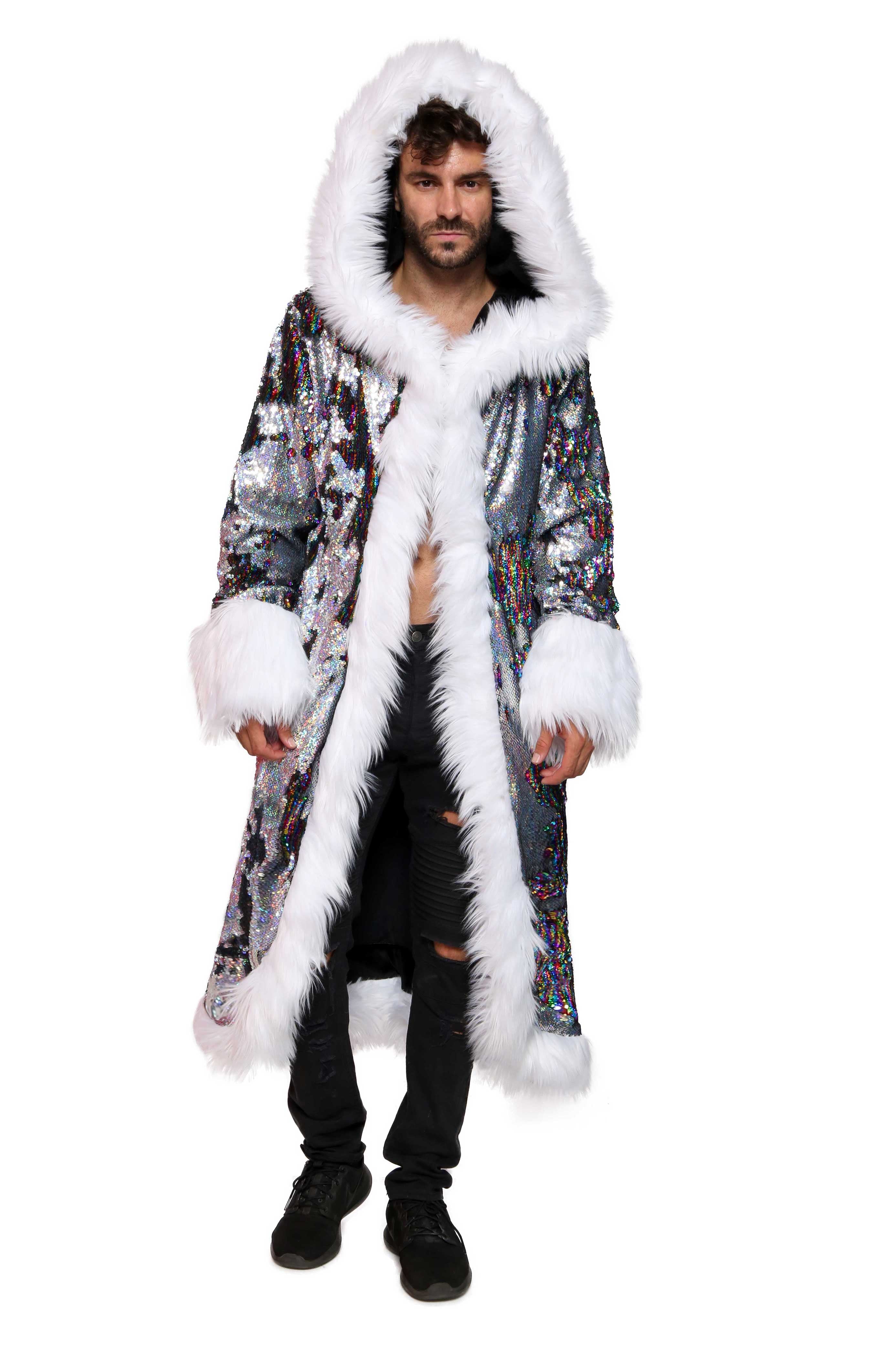 Men's Sequin King Coat in "Silver HologramRainbow Stripe" Furrocious