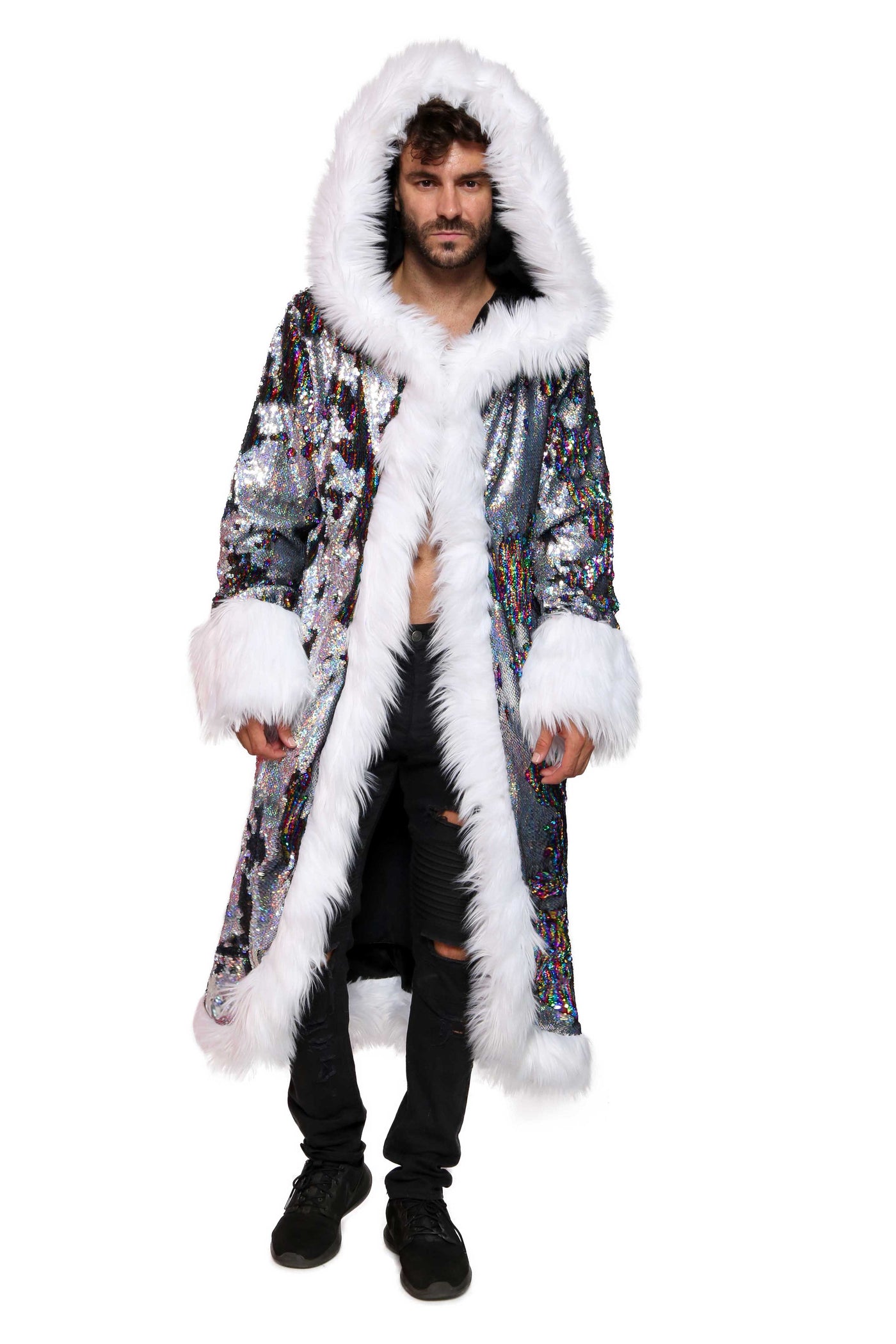 Men's Sequin King Coat in "Silver Hologram-Rainbow Stripe"