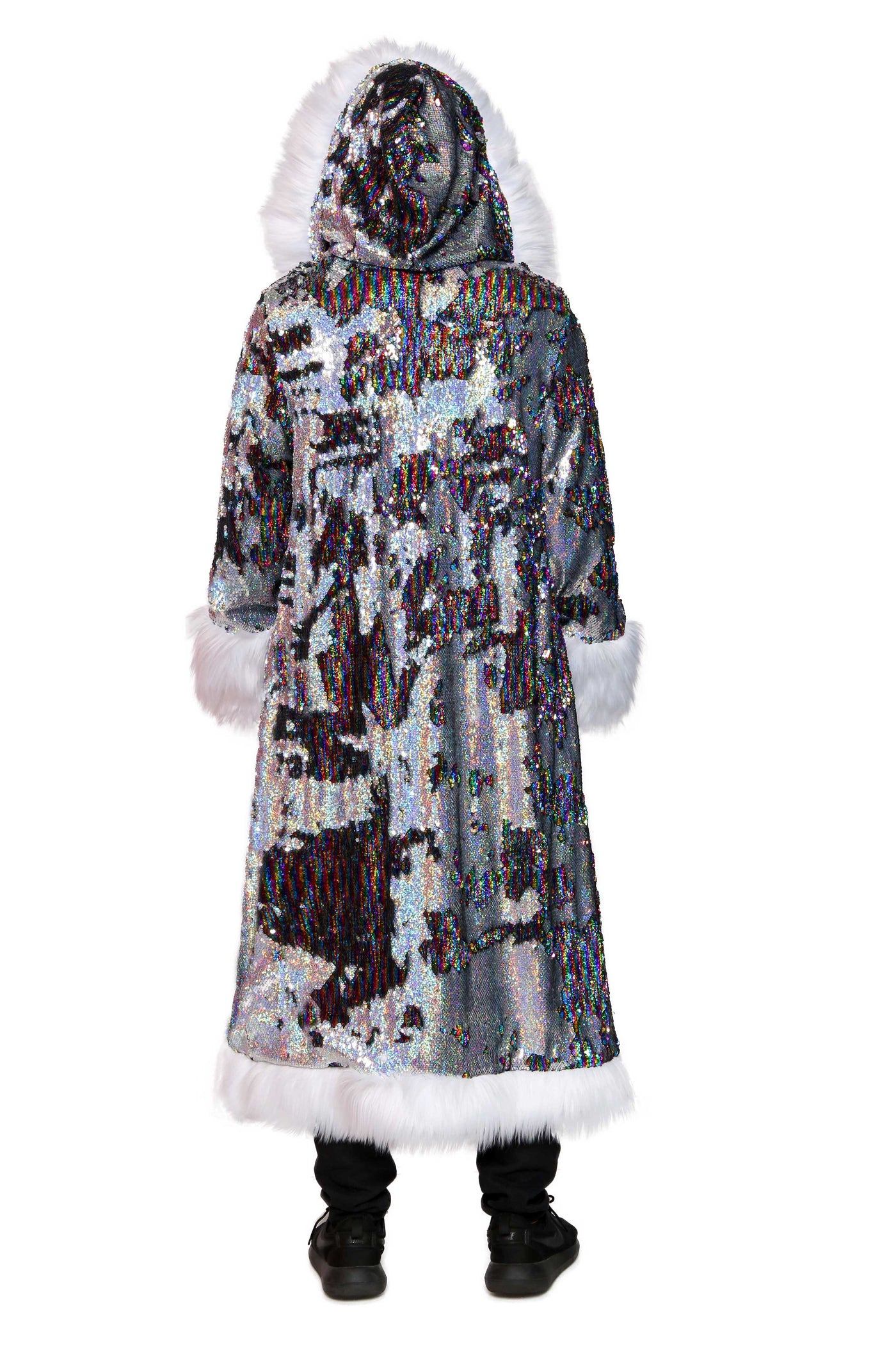 Men's Sequin King Coat in "Silver Hologram-Rainbow Stripe"