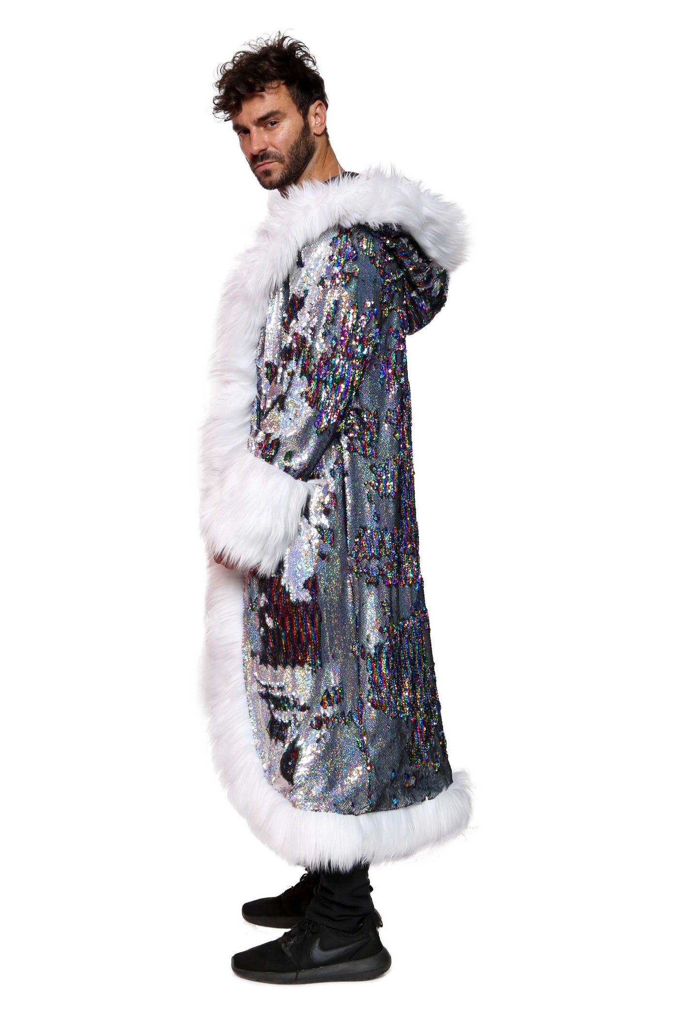 Men's LED Sequin King Coat in "Silver Hologram- Rainbow Stripe"