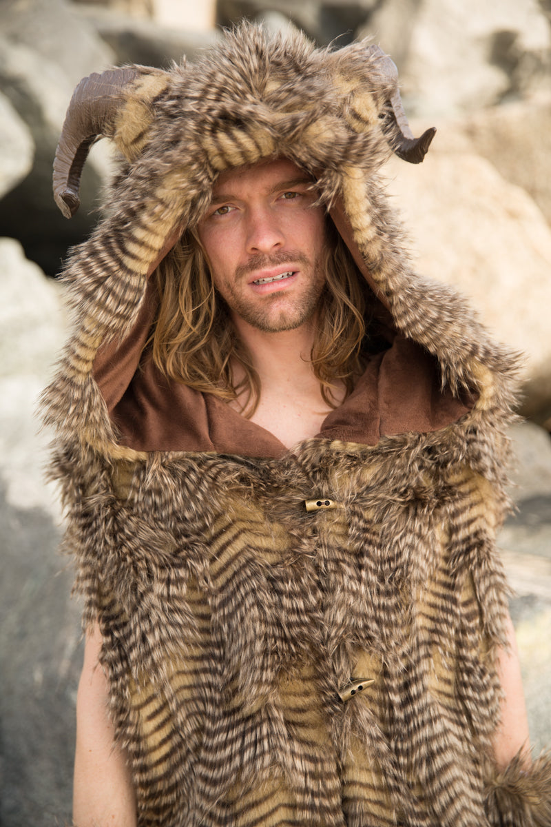Men's Long Faux Fur Hooded Cape with horns – Furrocious Furr, image size:800x1200