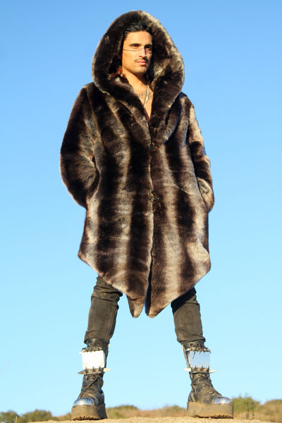 men dark brown faux fur chinchilla hooded long coat-2