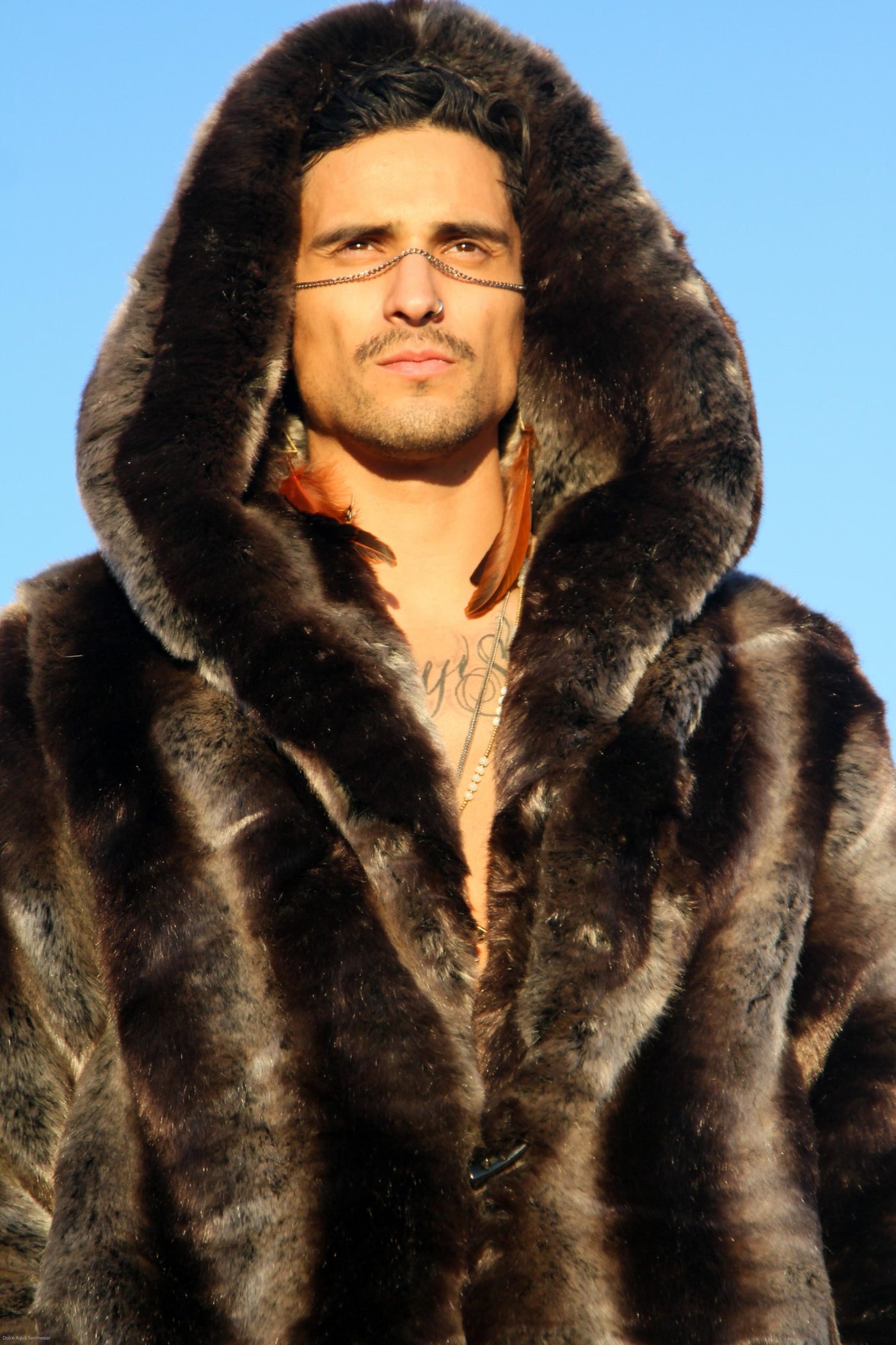 men dark brown faux fur chinchilla hooded long coat-3
