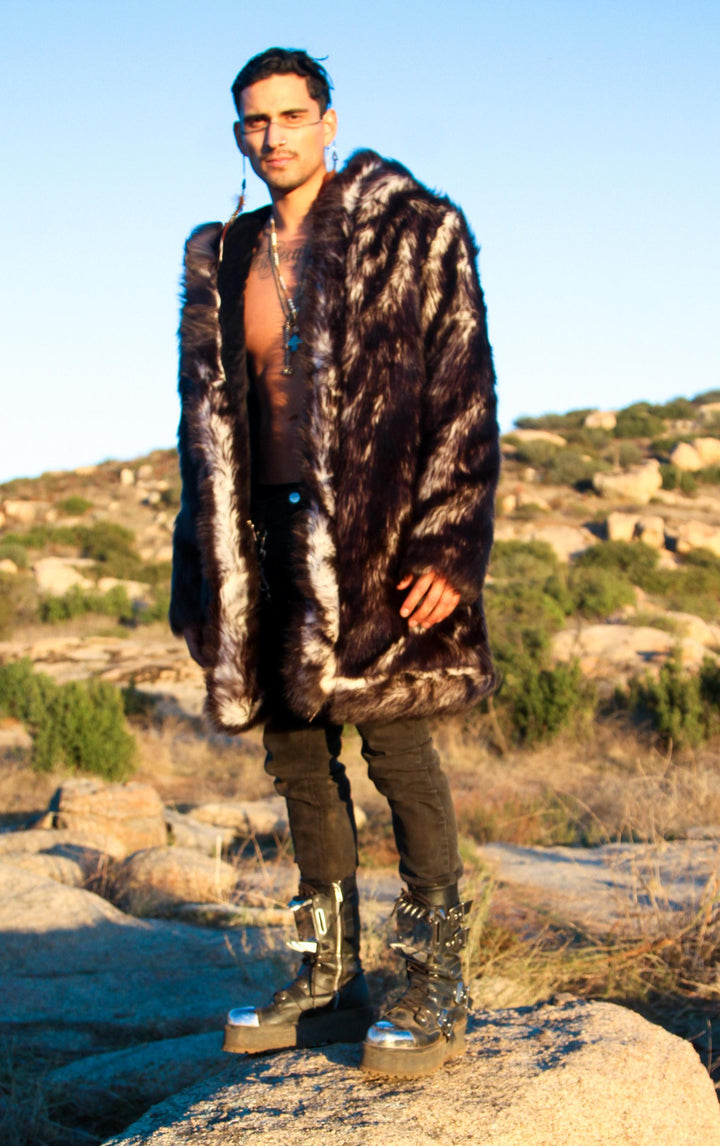 mens black and white fake fur jacket burning man outfits