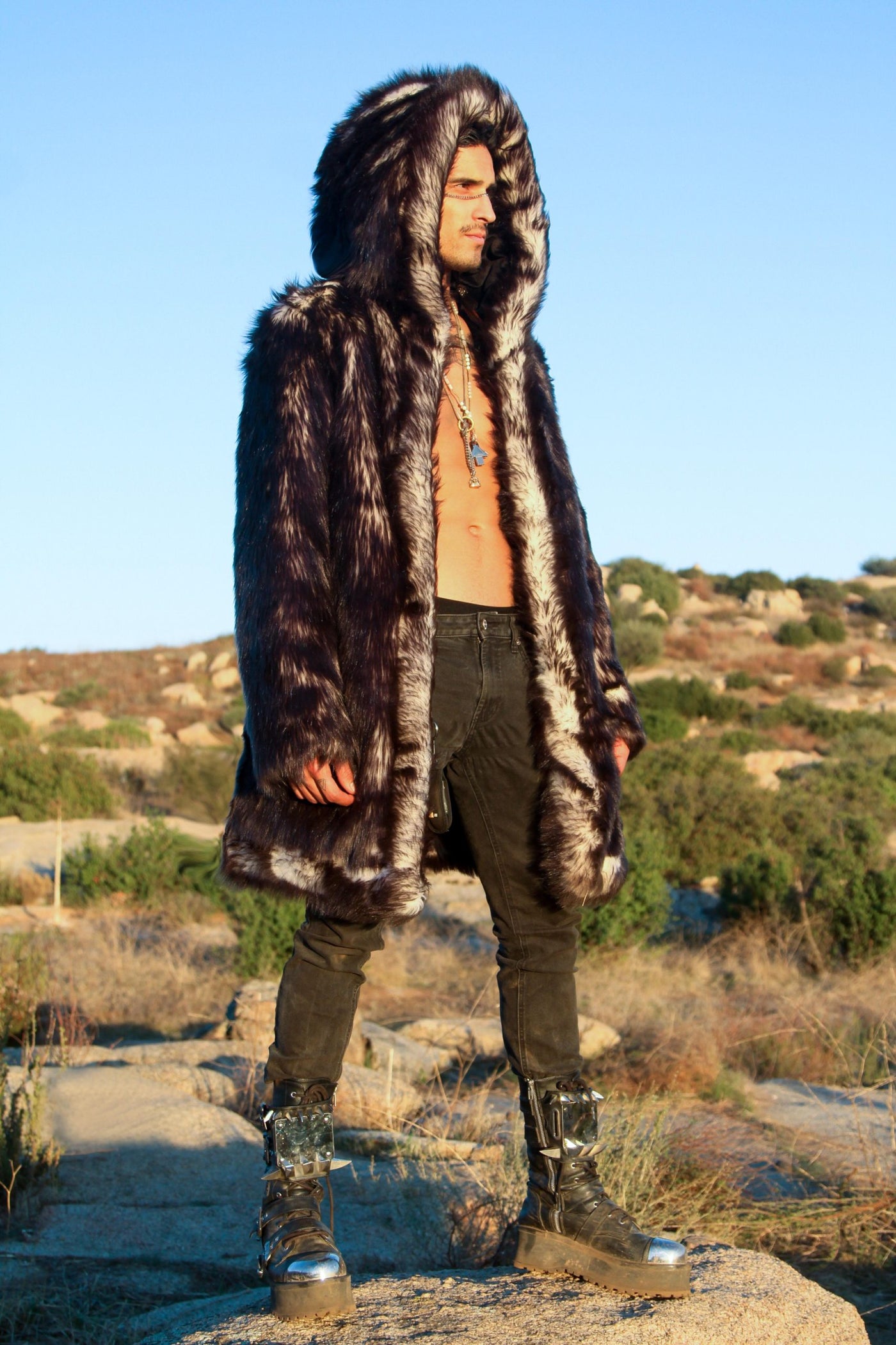 mens black and white short hooded fur coat -110-2