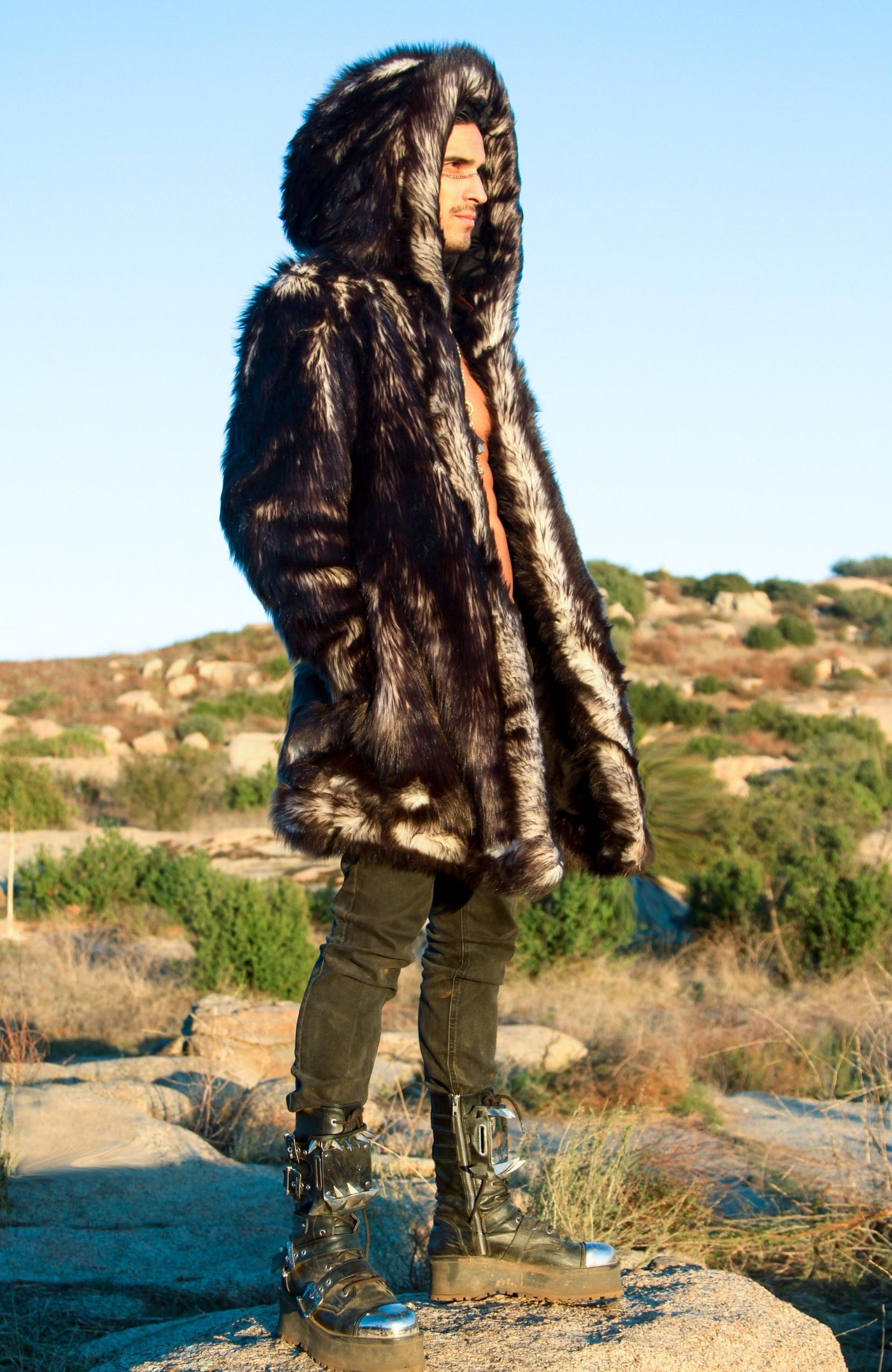 mens black and white short hooded fur coat -15-2