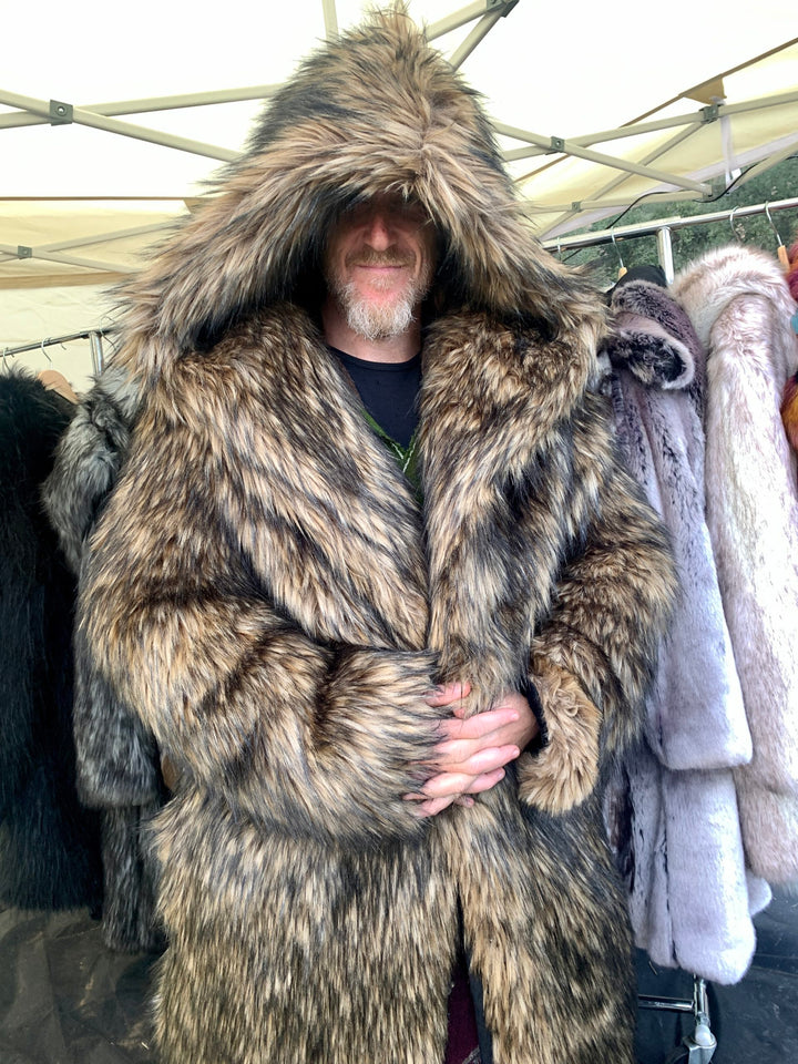 brown long hooded faux fur coats for men Furrocious Furr