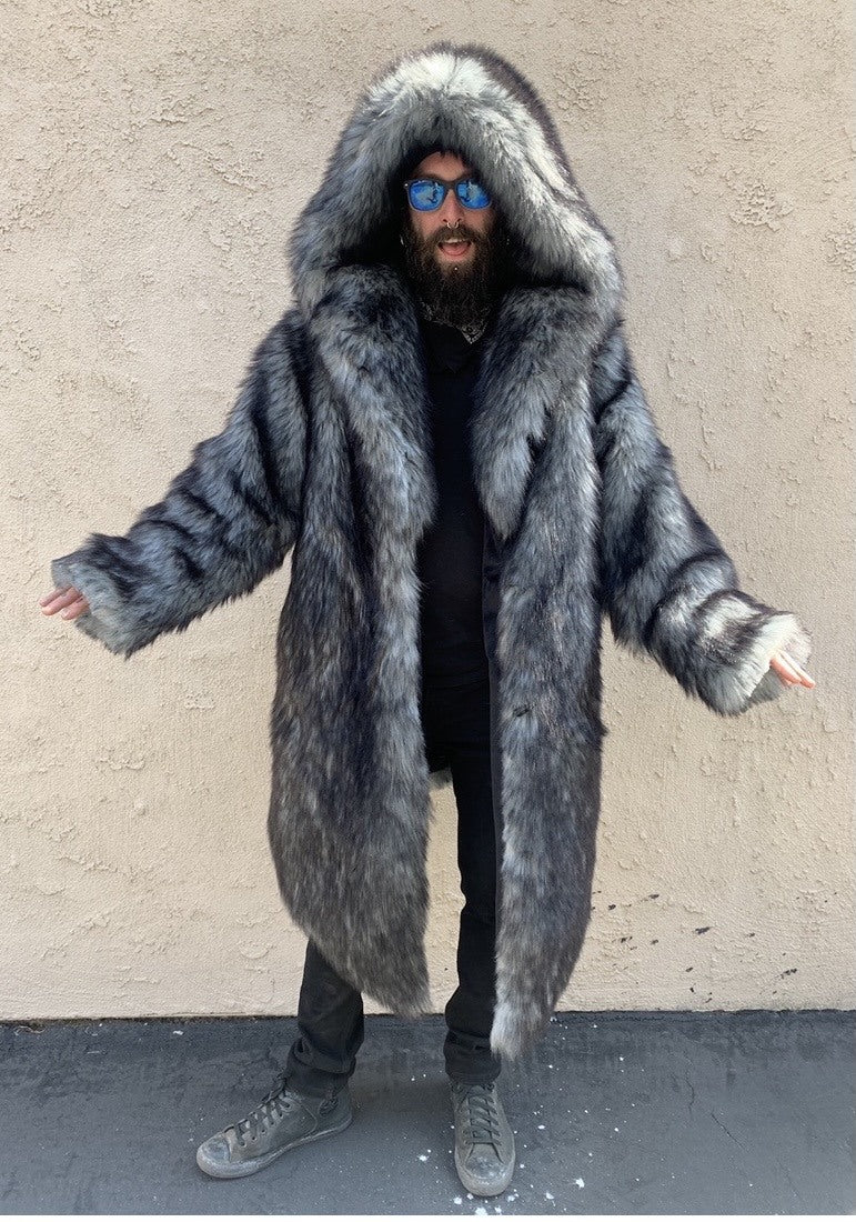 mens faux fur black gray black hooded long coat-.3