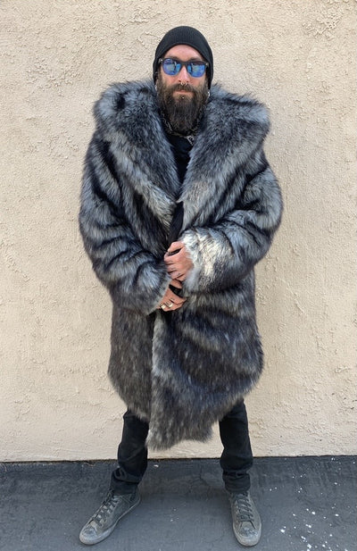 mens faux fur black gray black hooded long coat-
