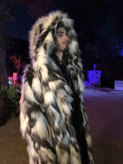 mens faux fur black white gray hooded long coat-33