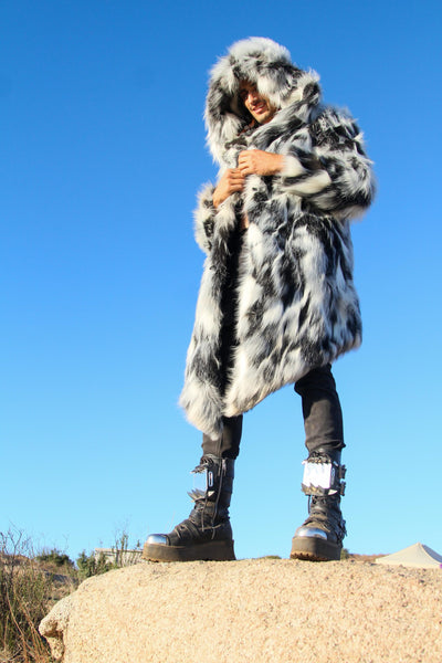 mens faux fur black white gray hooded long coat-4