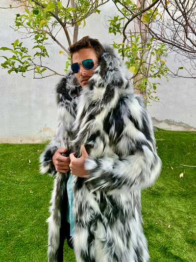 mens faux fur black white gray hooded long coat-56