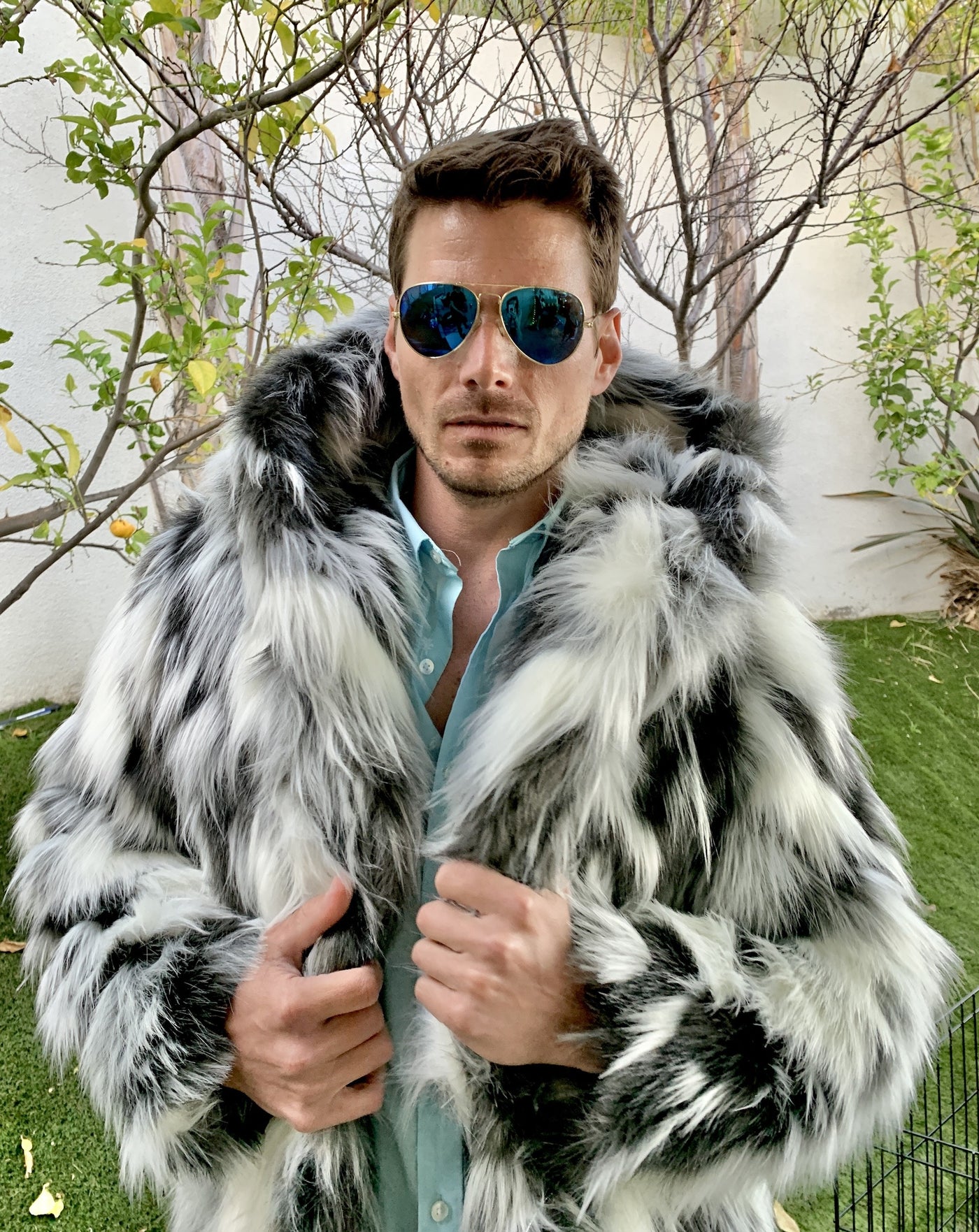 mens faux fur black white gray hooded long coat-57