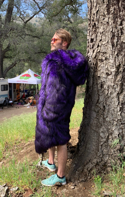 mens faux fur purple black hooded long coat-2