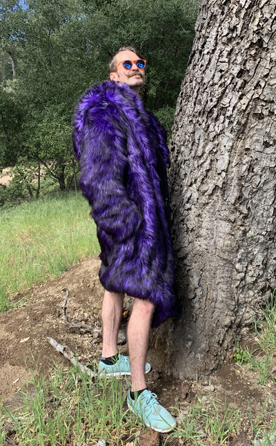 mens faux fur purple black hooded long coat-3