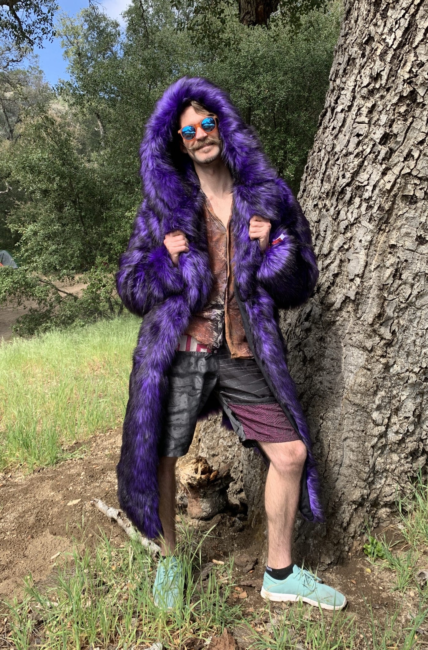 mens faux fur purple black hooded long coat-4