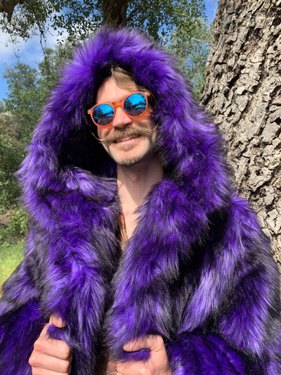 mens faux fur purple black hooded long coat-6