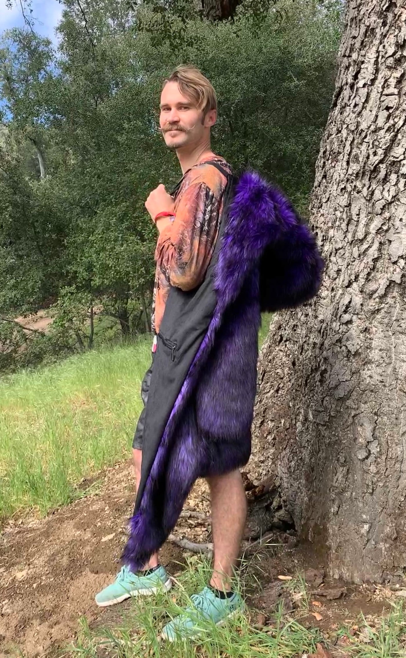 mens faux fur purple black hooded long coat-7
