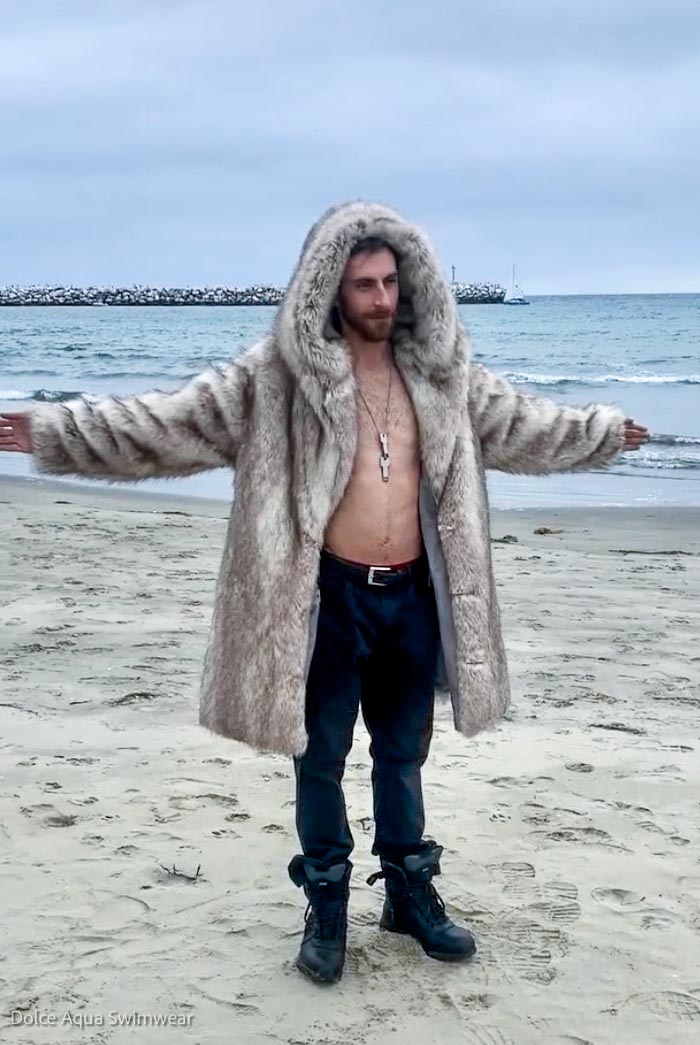 mens faux fur snow wolf short coat-1
