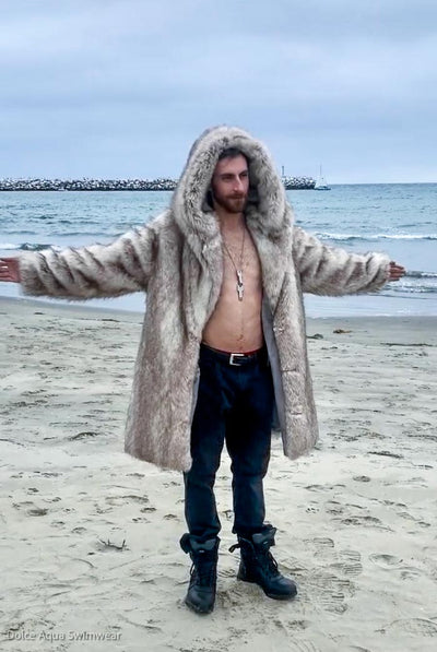 mens faux fur snow wolf short coat-1