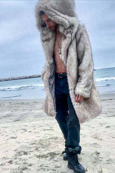 mens faux fur snow wolf short coat-