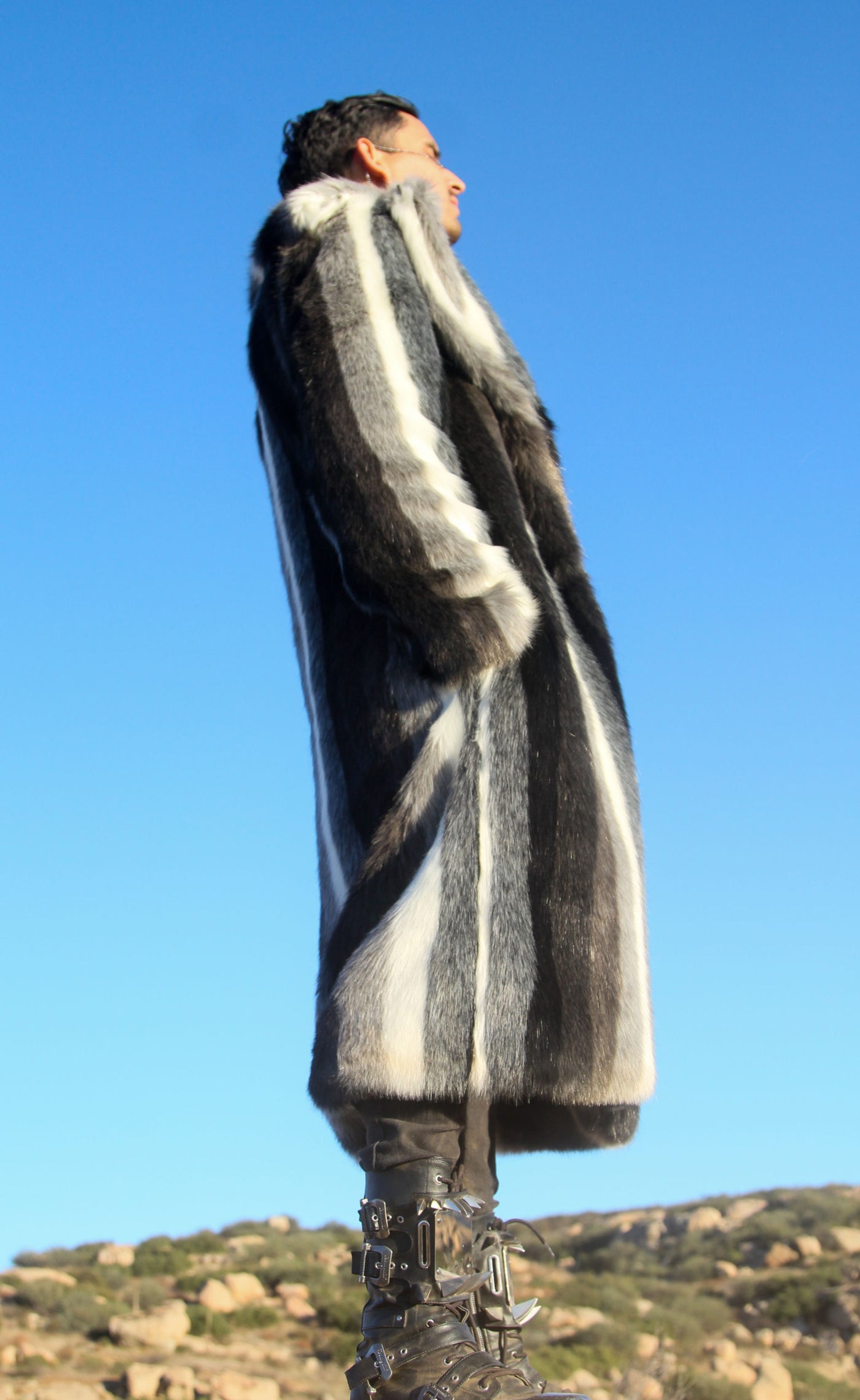 mens faux fur striped long coat black white gray-11 copy