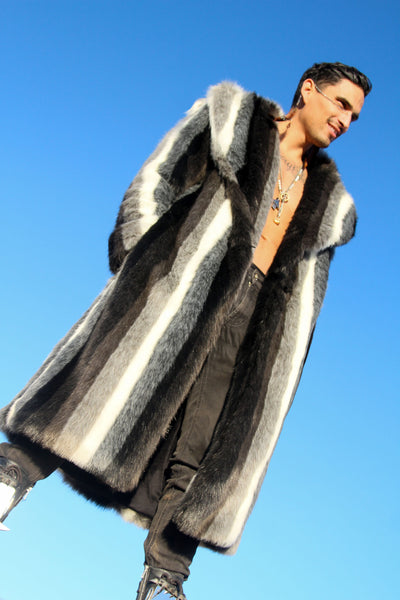 mens faux fur striped long coat black white gray-8 copy