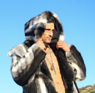 mens faux fur striped long coat black white gray-