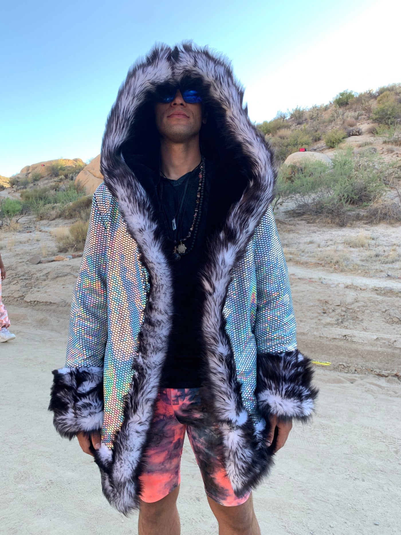 mens hologram faux fur hooded jacket-13