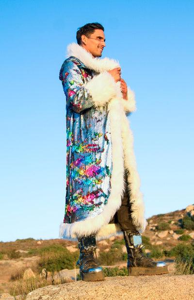 mens long silver rainbow sequin fur coat--2