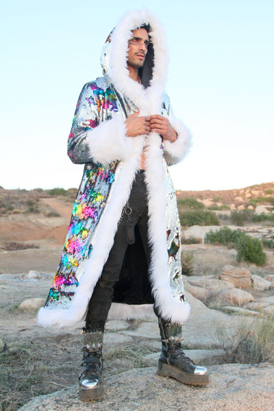 mens long silver rainbow sequin fur coat-2
