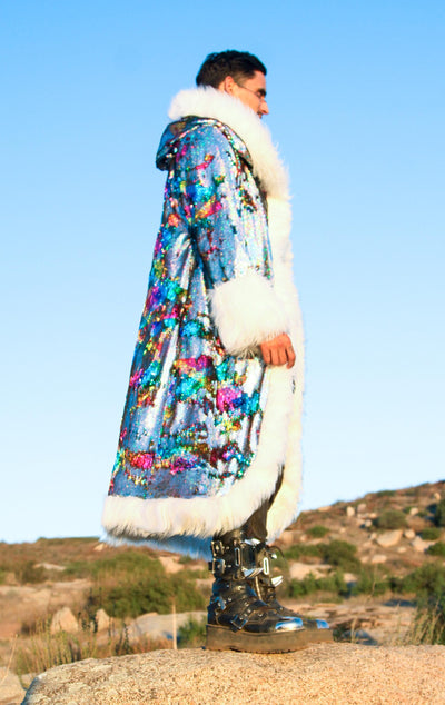 mens long silver rainbow sequin fur coat-7-2