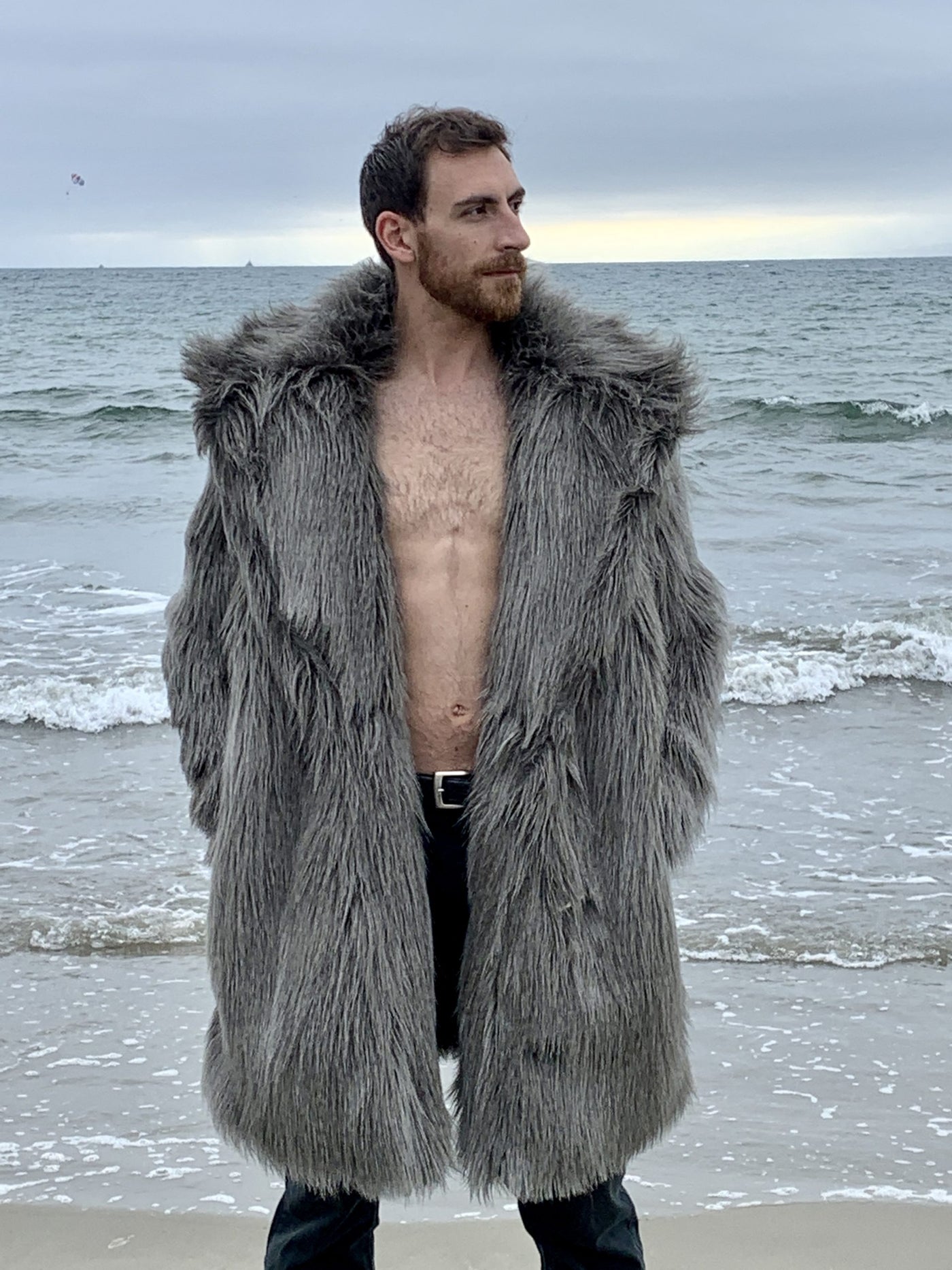 mens steel gray shaf faux fur jacket