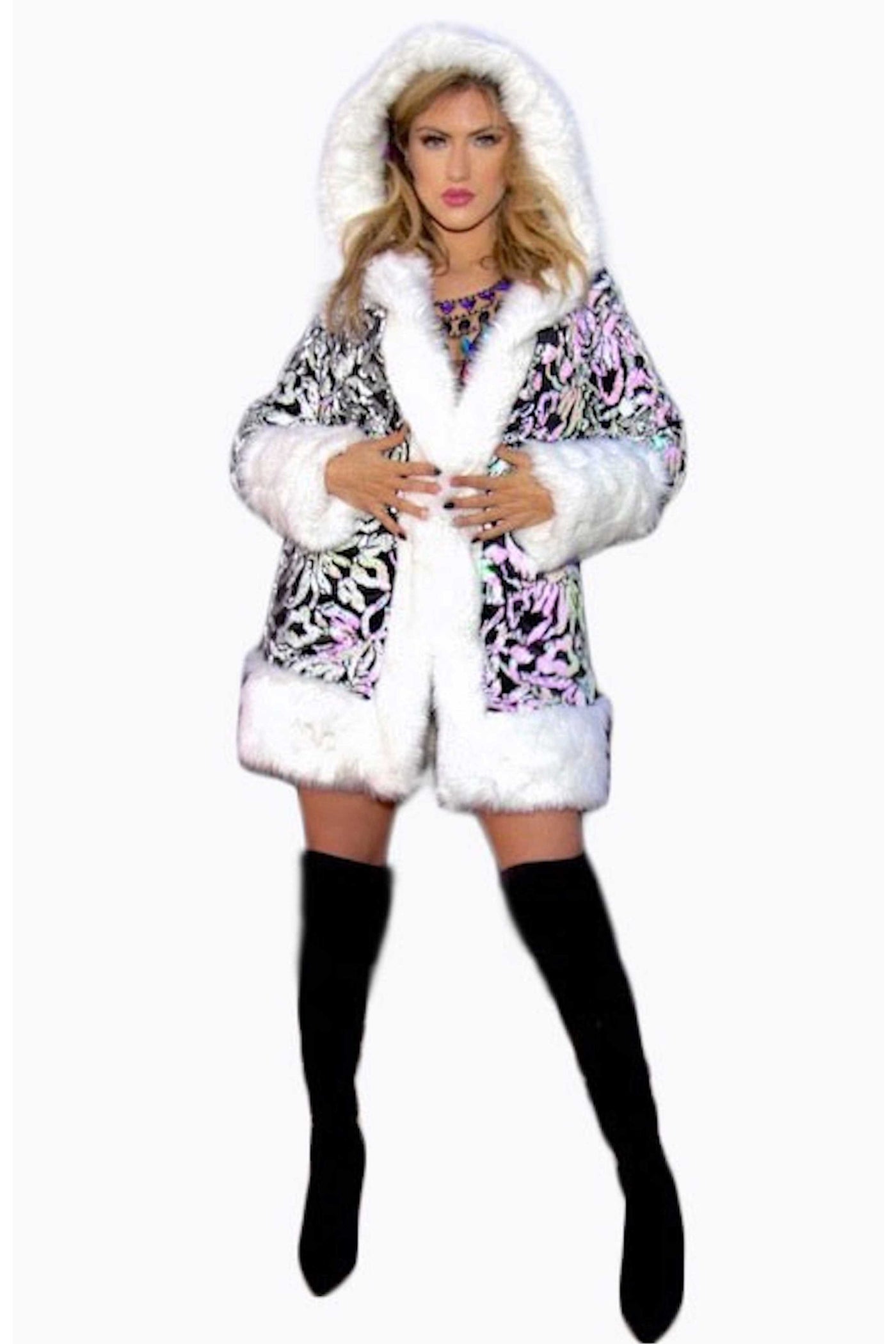 Women's LED Petite Playa Coat in "White Pink Floral"