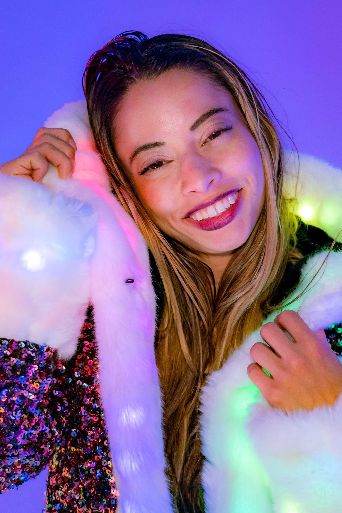 Women's LED Faux Fur Petite Playa Coat in
