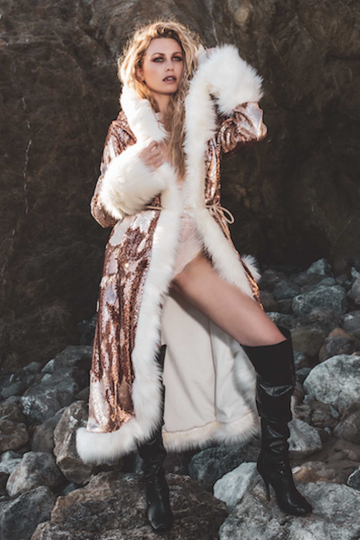 Women's Rose Gold Sequin Festival Coat – Faux Fur Temptress Coat
